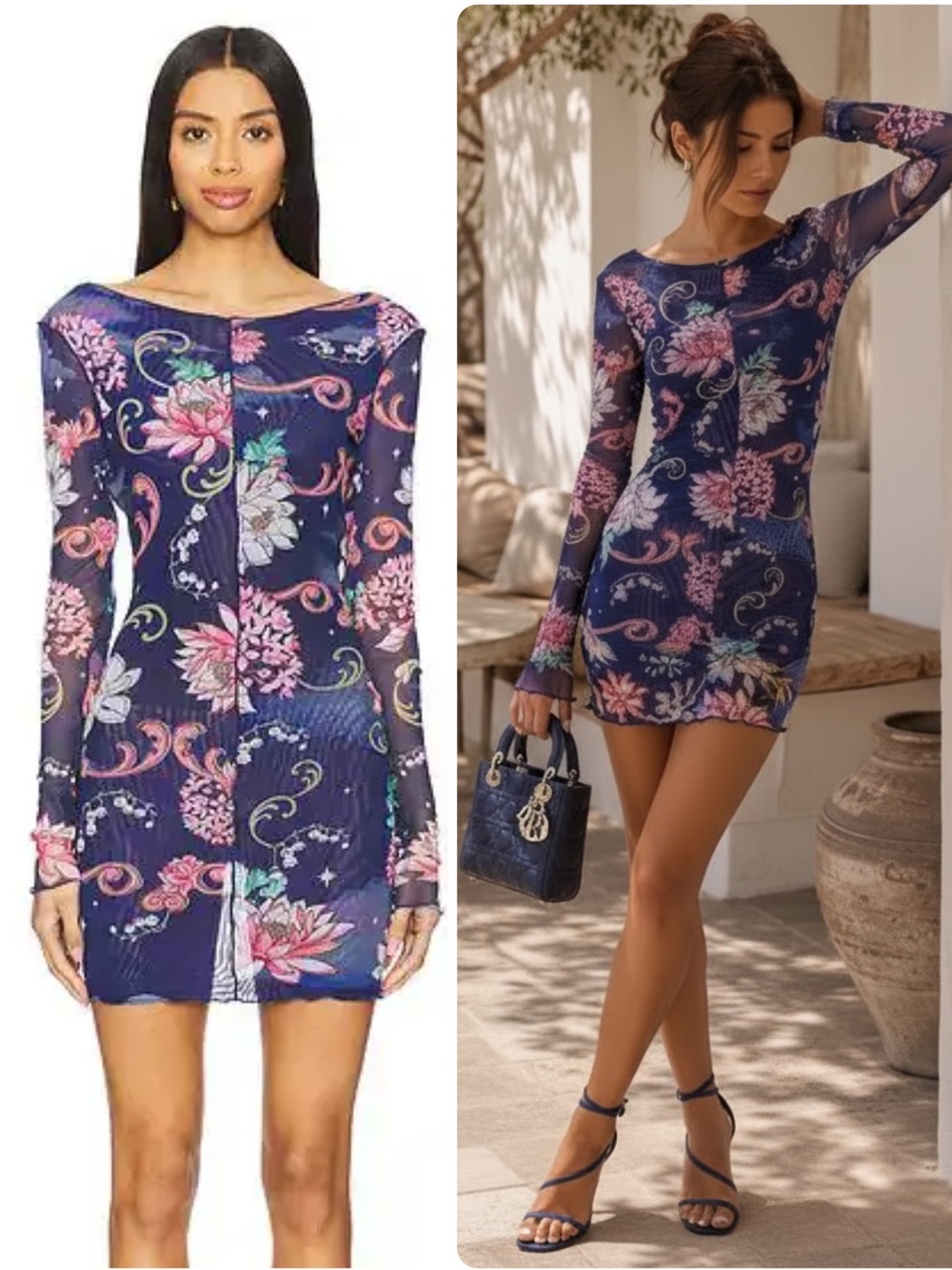 Agua Bendita x Revolve Hadley Navy Mesh Lined Long-Sleeve Mini Dress NWT $210